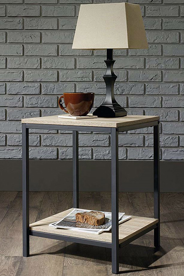 FaFurn - Modern Black Metal Frame End Table with Oak Finish Wood Top and Bottom Shelf