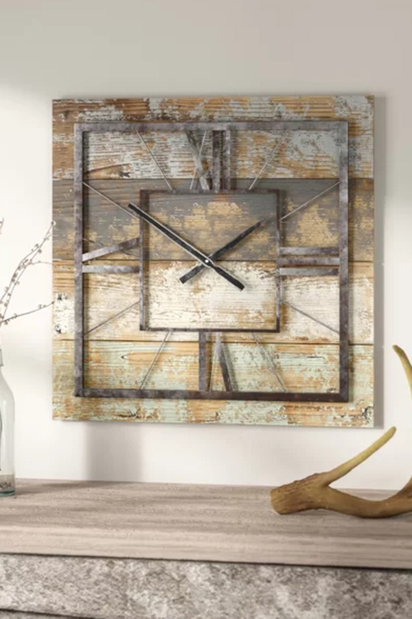 FaFurn - Square 27.5-Inch Wood and Metal Wall Clock Industrial Style