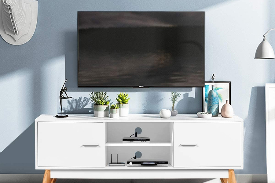FaFurn - Modern 55-Inch Solid Wood TV Stand in White Finish and Mid-Century Legs