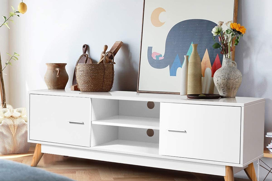 FaFurn - Modern 55-Inch Solid Wood TV Stand in White Finish and Mid-Century Legs