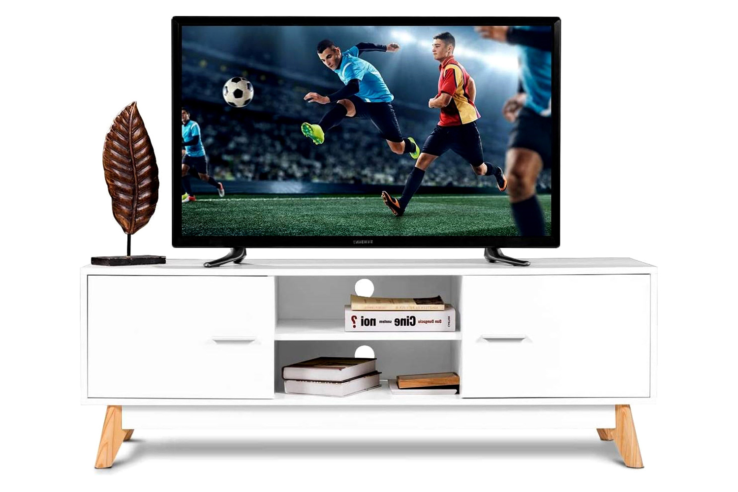FaFurn - Modern 55-Inch Solid Wood TV Stand in White Finish and Mid-Century Legs