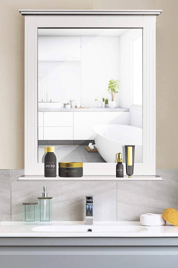 FaFurn - White Rectangle Bedroom Bathroom Vanity Wall Mirror with Bottom Shelf