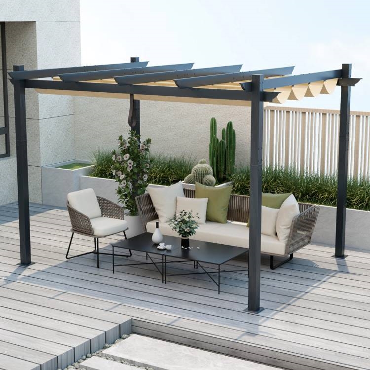 FaFurn - Gazebo with Retractable Canopy in Beige, Metal/Polyester