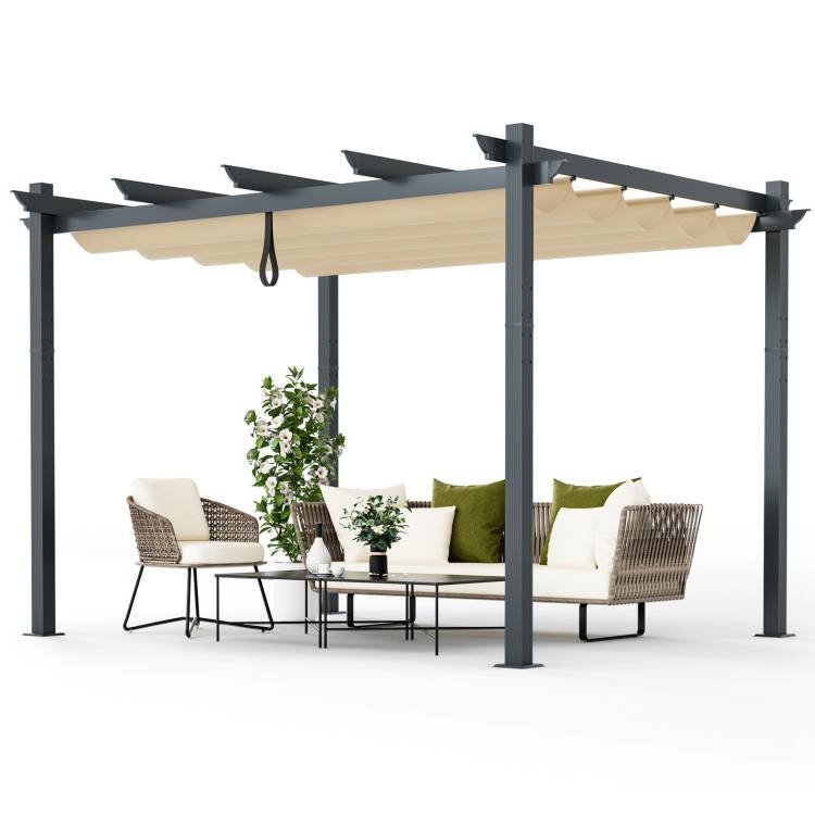 FaFurn - Gazebo with Retractable Canopy in Beige, Metal/Polyester