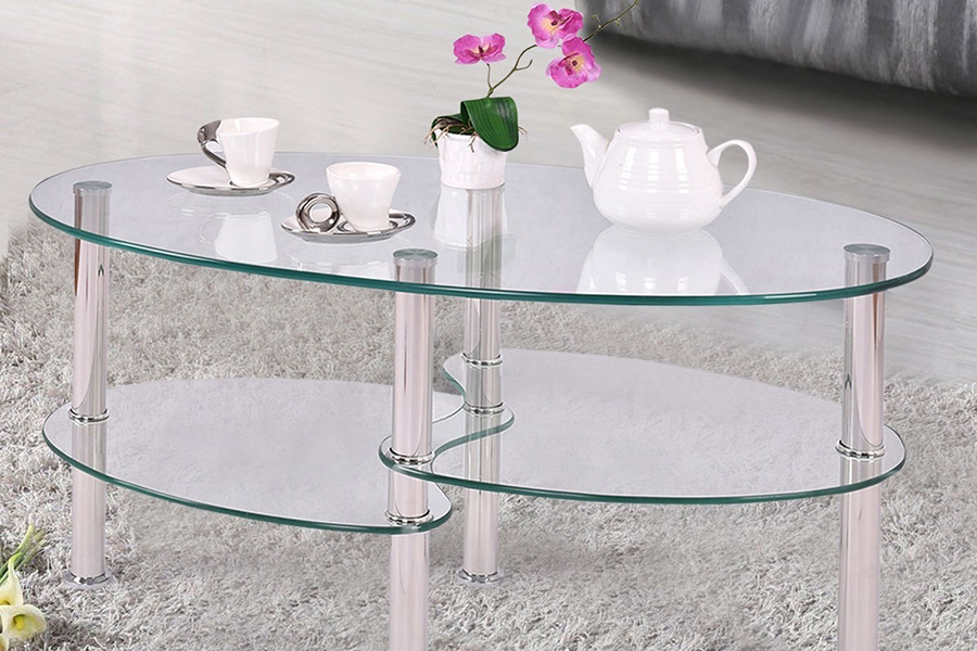 FaFurn Modern Oval Tempered Glass Coffee Table with Bottom Shelf - Clear/Chrome