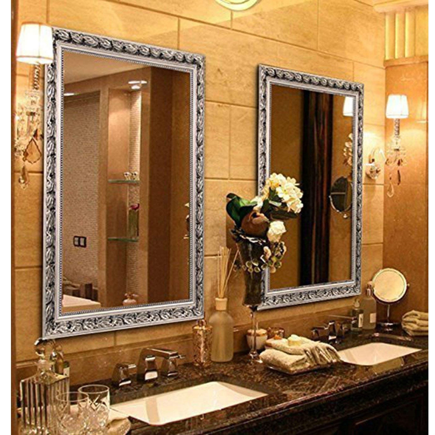 FaFurn - Mirror with Baroque Style Wood Frame in Silver