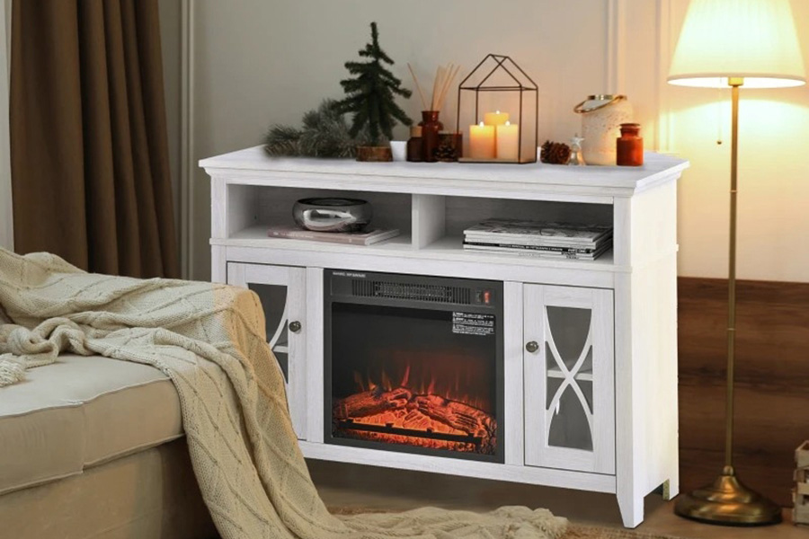 FaFurn - Electric Fireplace Mantel TV Stand with Adjustable Shelves 2 Storage Cabinets