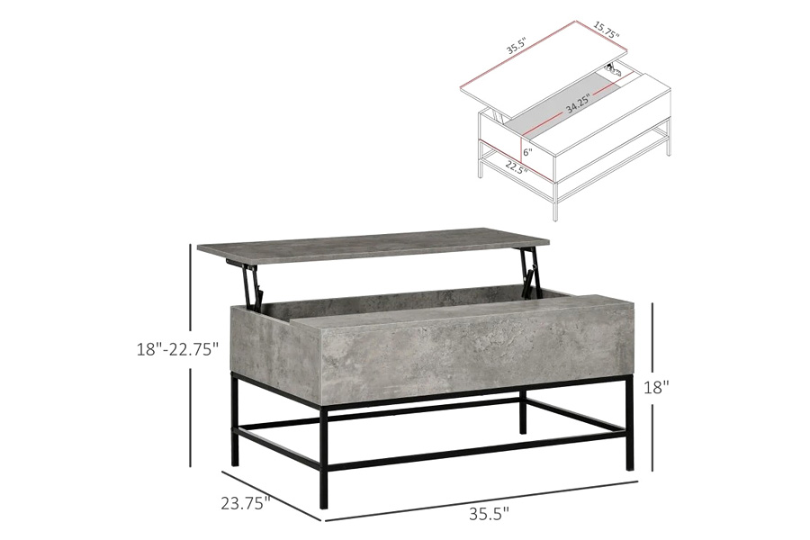 FaFurn Modern Lift Top Coffee Table W/ Hidden Storage Black Metal Legs - Gray