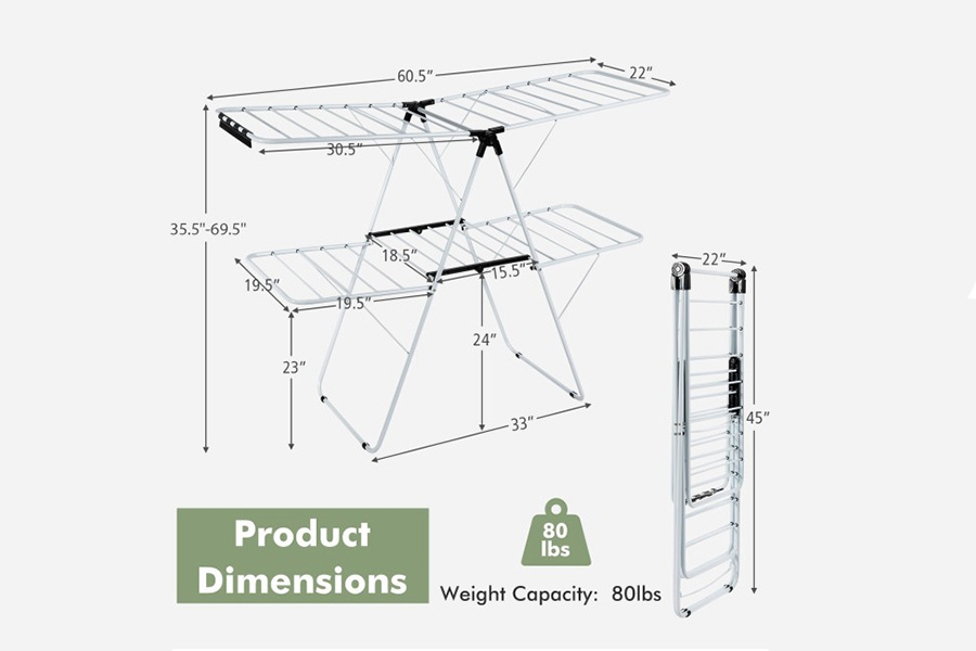 FaFurn - White 2 Level Foldable Clothes Drying Rack Adjustable Height