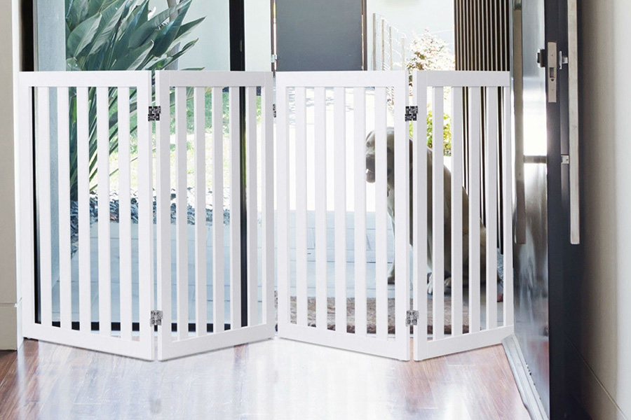 FaFurn - Folding 4-Panel Dog Gate Pet Fence in White Wood Finish