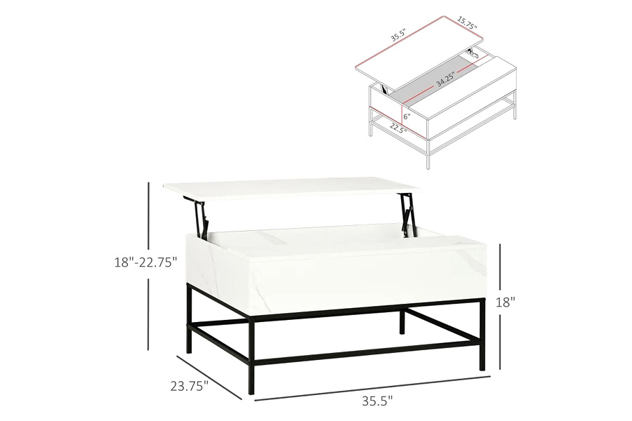 FaFurn Modern Lift Top Coffee Table W/ Hidden Storage Black Metal Legs - White/Black