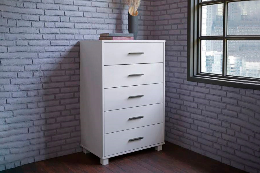 FaFurn Modern Farmhouse Solid 5 Drawers Chest - White, Wood
