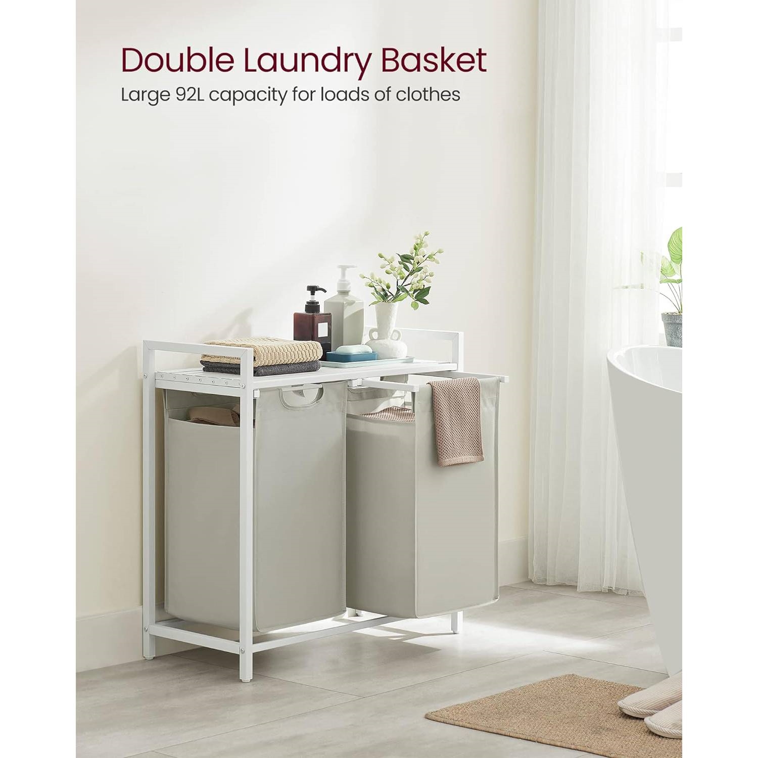 FaFurn 2-Basket Laundry Hamper Sorter with Removable Bags and Top Storage Shelf - White