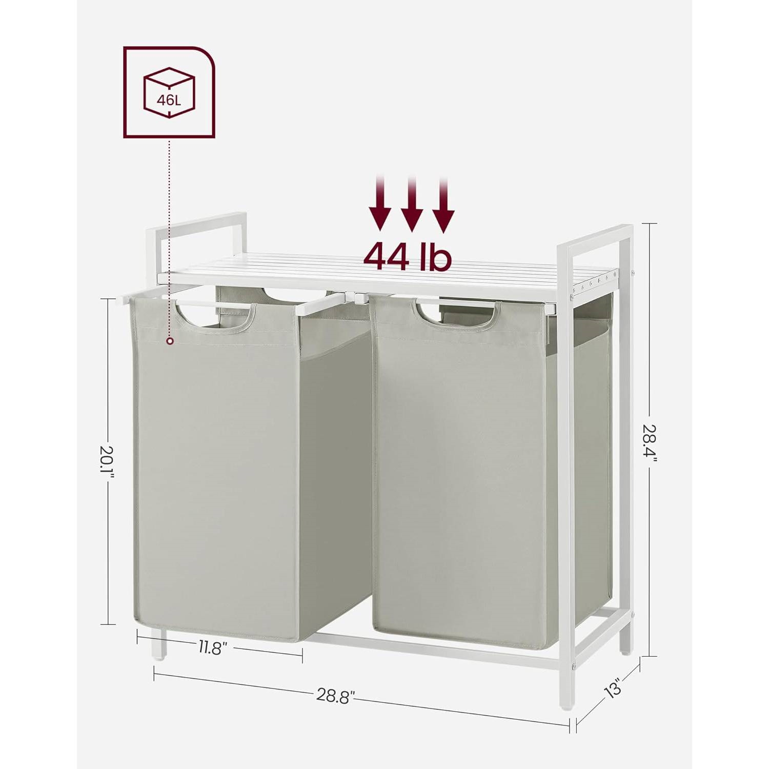 FaFurn 2-Basket Laundry Hamper Sorter with Removable Bags and Top Storage Shelf - White