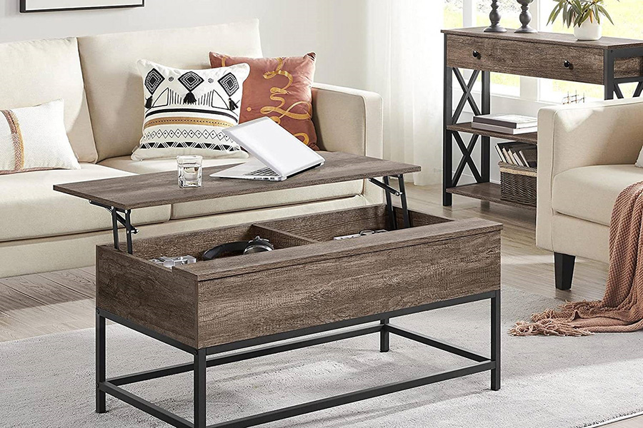 FaFurn Modern Metal Wood Lift-Top Coffee Table Laptop Desk - Rustic Taupe