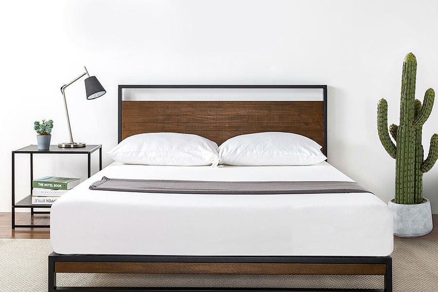 FaFurn Metal Wood Platform Bed Frame with Headboard - Queen Size