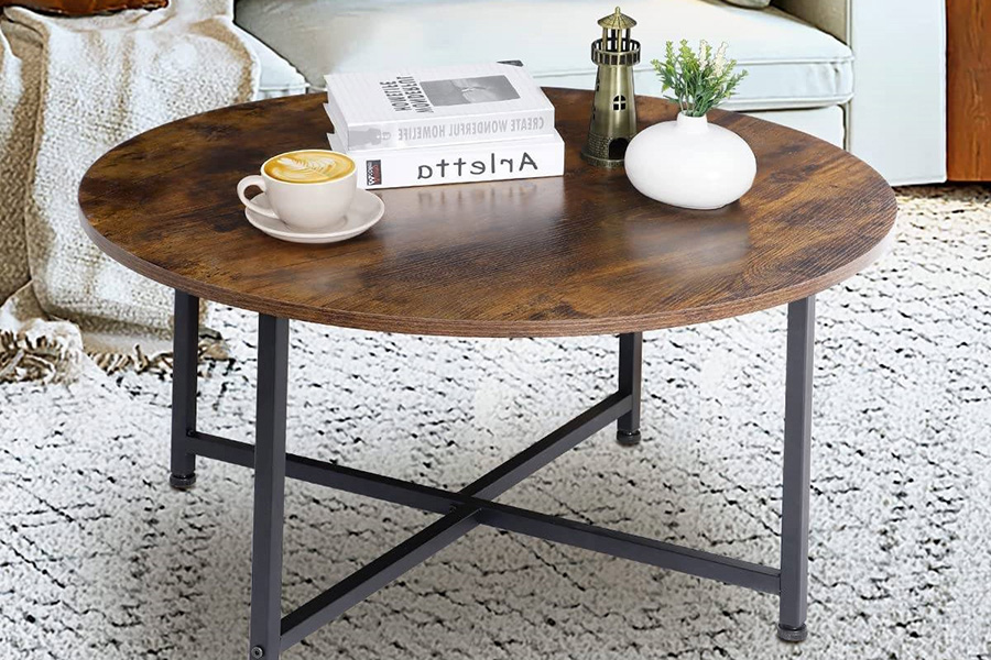 FaFurn - Modern Round Industrial Coffee Table with Rustic Brown Wood Top