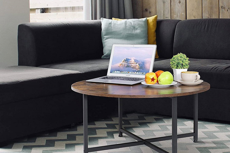 FaFurn - Modern Round Industrial Coffee Table with Rustic Brown Wood Top