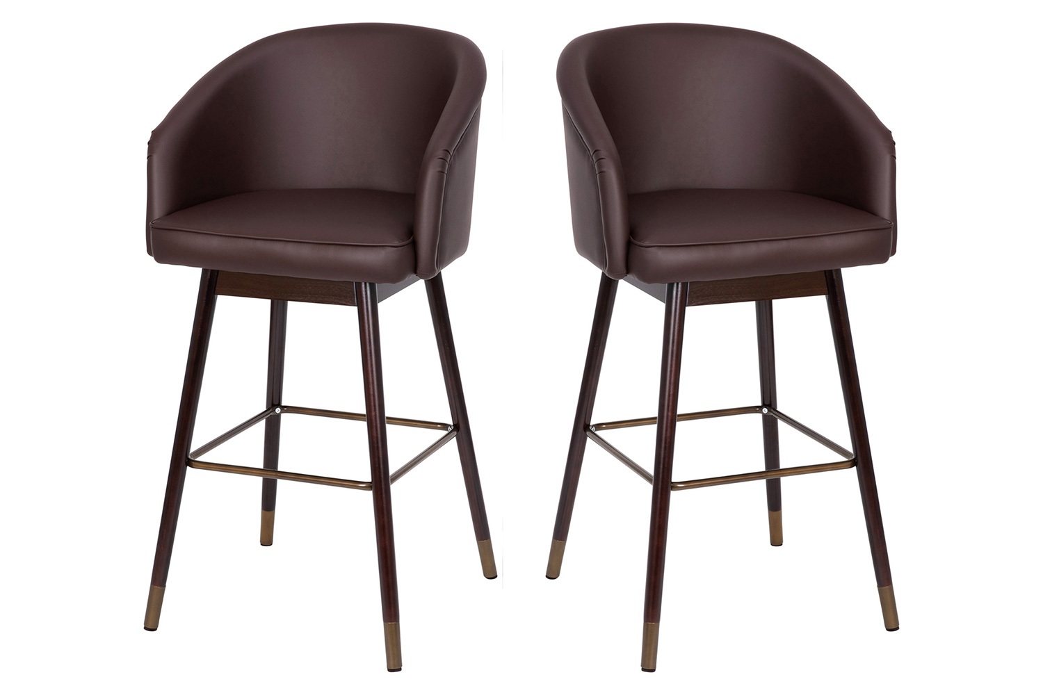 BLNK Margo Commercial LeatherSoft Mid-Back Modern Bar Stool with Walnut Finish Beechwood Legs and Curved Back Set of 2 - Brown