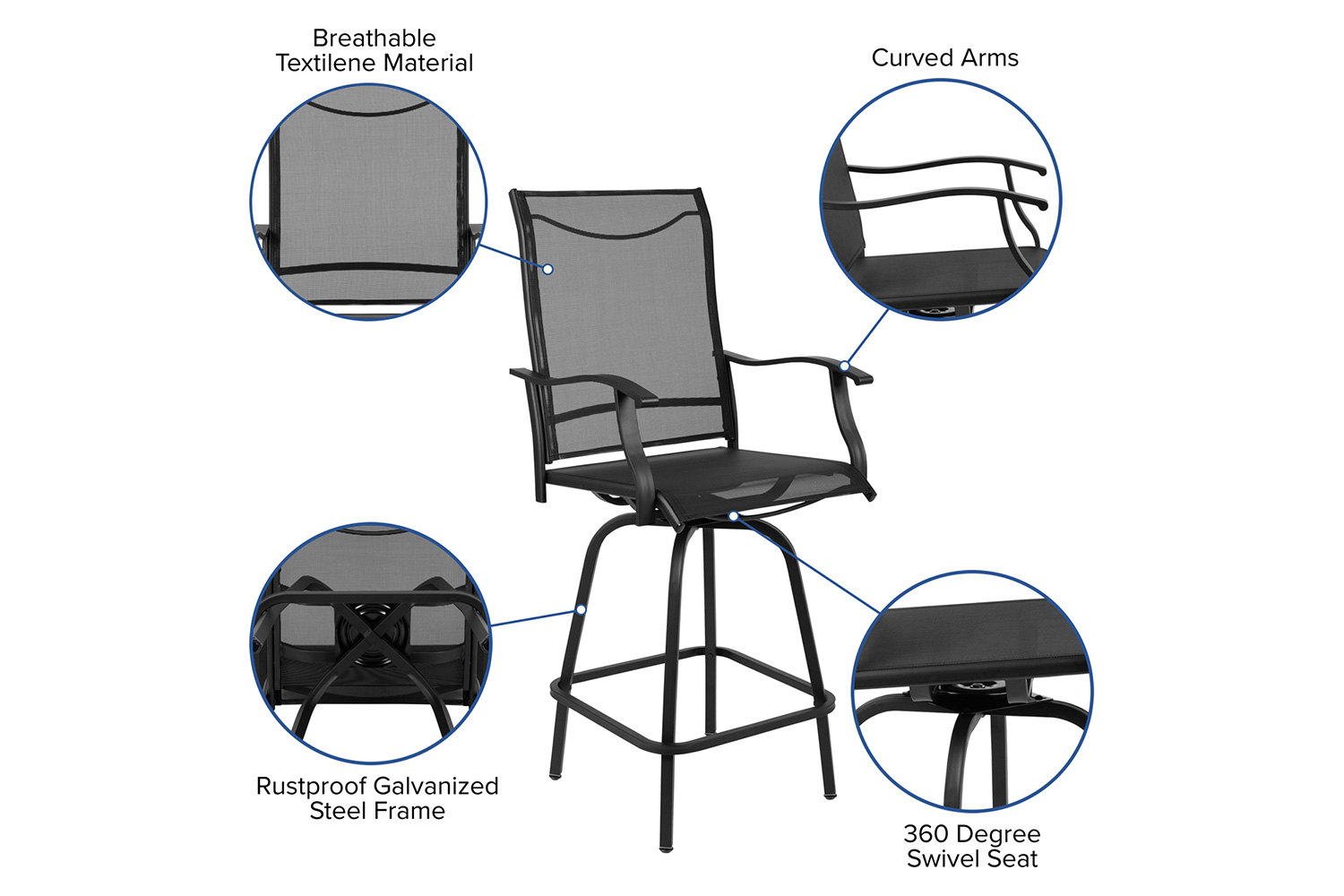 BLNK Valerie All-Weather Swivel Textilene Patio Bar Height Stools with High Back and Armrests Set of 2 - Black