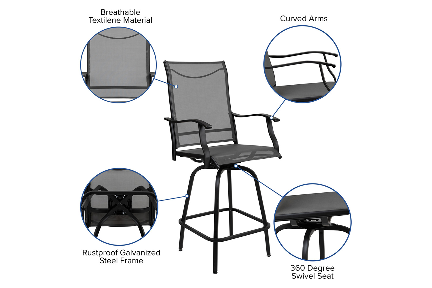 BLNK Valerie All-Weather Swivel Textilene Patio Bar Height Stools with High Back and Armrests Set of 2 - Gray