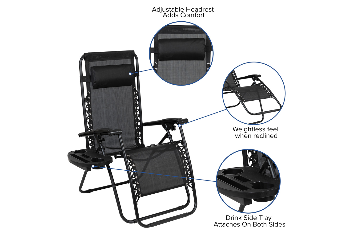 BLNK Celestial Celestial Adjustable Folding Mesh Zero Gravity Reclining Lounge Chair with Pillow and Cup Holder Tray Set of 2 - Black