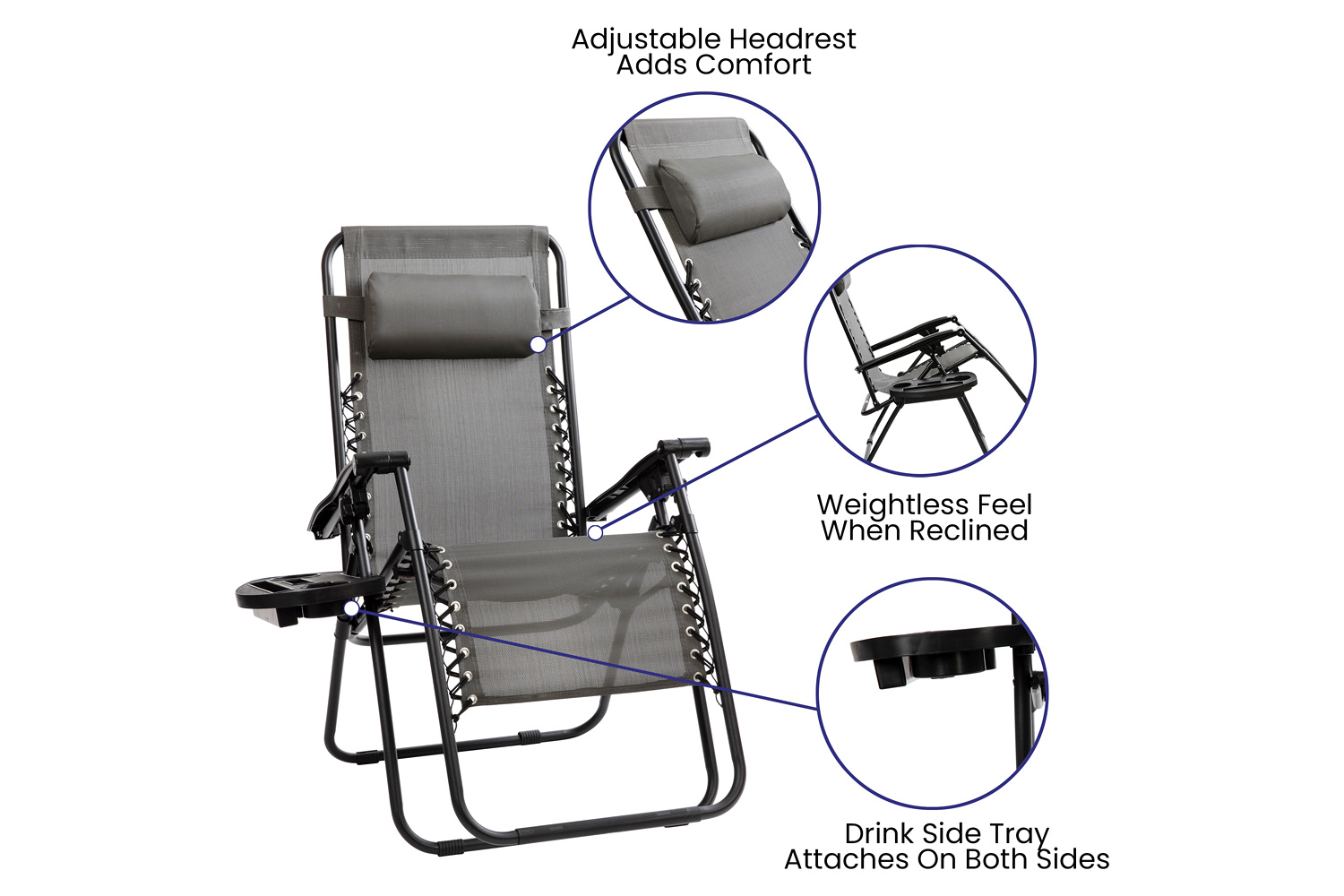 BLNK Celestial Celestial Adjustable Folding Mesh Zero Gravity Reclining Lounge Chair with Pillow and Cup Holder Tray Set of 2 - Gray