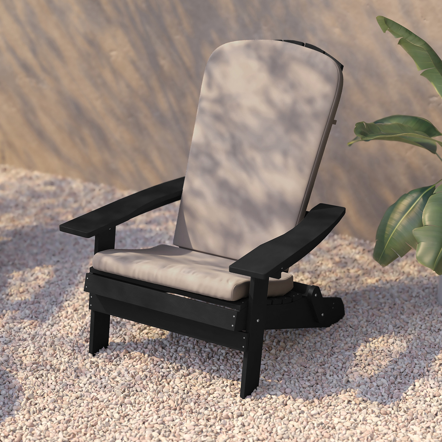 BLNK Charlestown All-Weather Poly Resin Folding Adirondack Chairs Set of 2 - Black, with Cream Cushions
