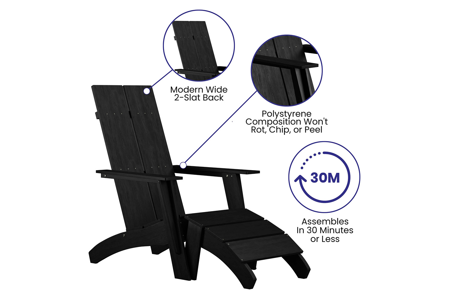 BLNK Sawyer All-Weather Poly Resin Wood Adirondack Chairs with Foot Rests Set of 2 - Black