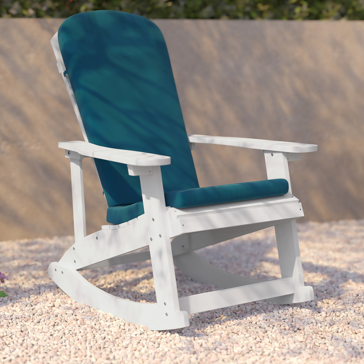 BLNK - Savannah Poly Resin Wood All-Weather Adirondack Rocking Chairs with Teal Cushions for Deck, Porch, and Patio Set of 2