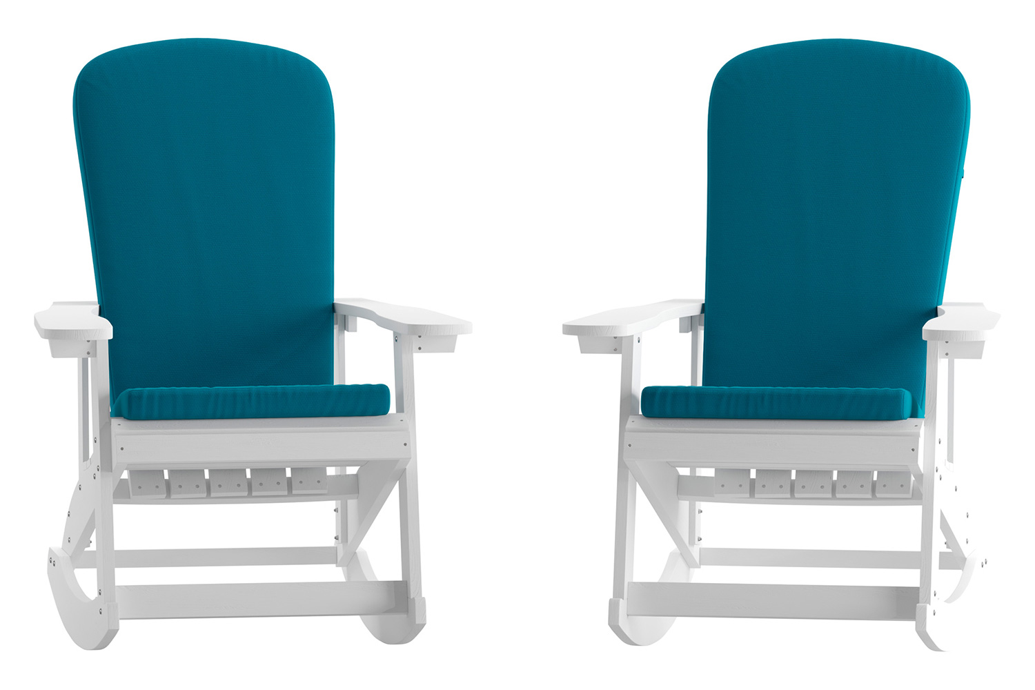 BLNK Savannah Poly Resin Wood All-Weather Adirondack Rocking Chairs with Teal Cushions for Deck, Porch, and Patio Set of 2 - White