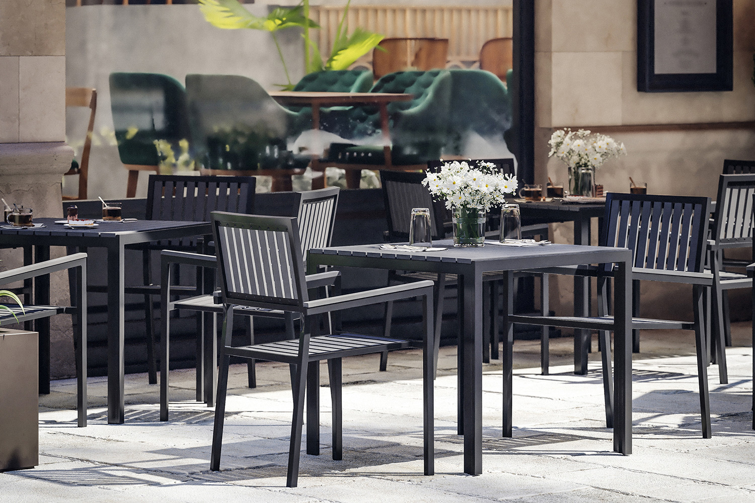 BLNK - Harris Commercial Indoor-Outdoor Stacking Club Chairs with Black Poly Resin Slatted Backs and Seats Set of 2