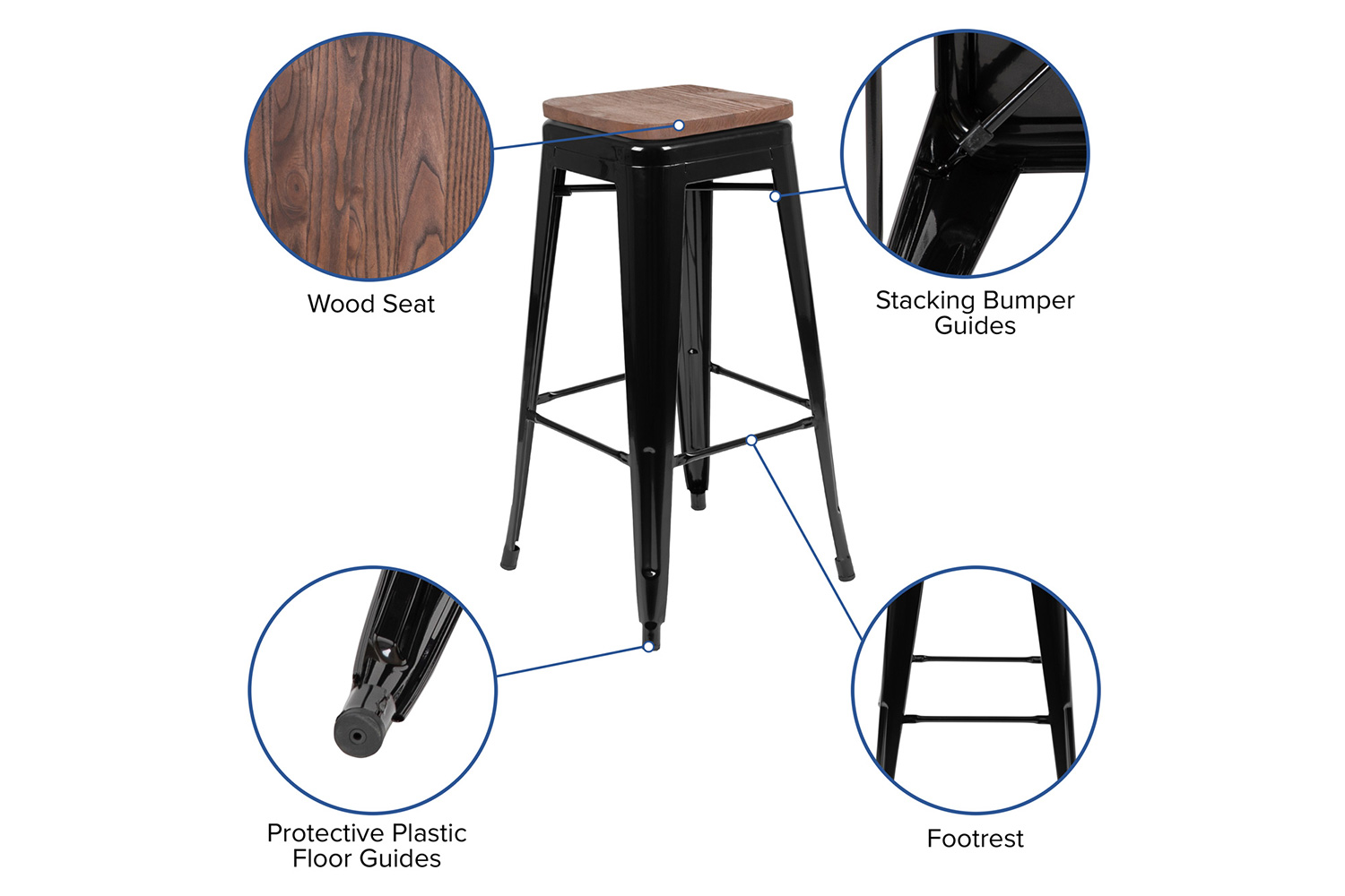 BLNK Cierra Metal Indoor Bar Stool with Wood Seat Set of 4 - Black