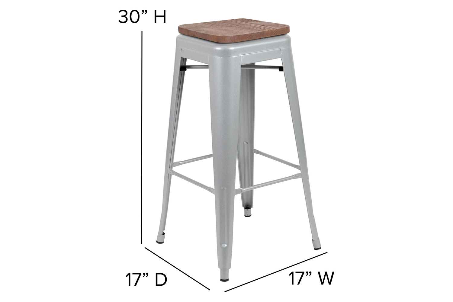 BLNK Cierra Metal Indoor Bar Stool with Wood Seat Set of 4 - Silver