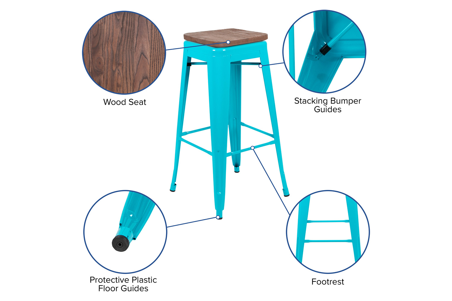 BLNK Cierra Metal Indoor Bar Stool with Wood Seat Set of 4 - Teal