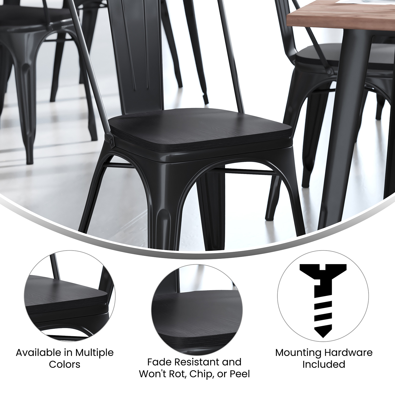 BLNK Perry Poly Resin Wood Seat with Rounded Edges for Colorful Metal Chairs and Stools Set of 4 - Black