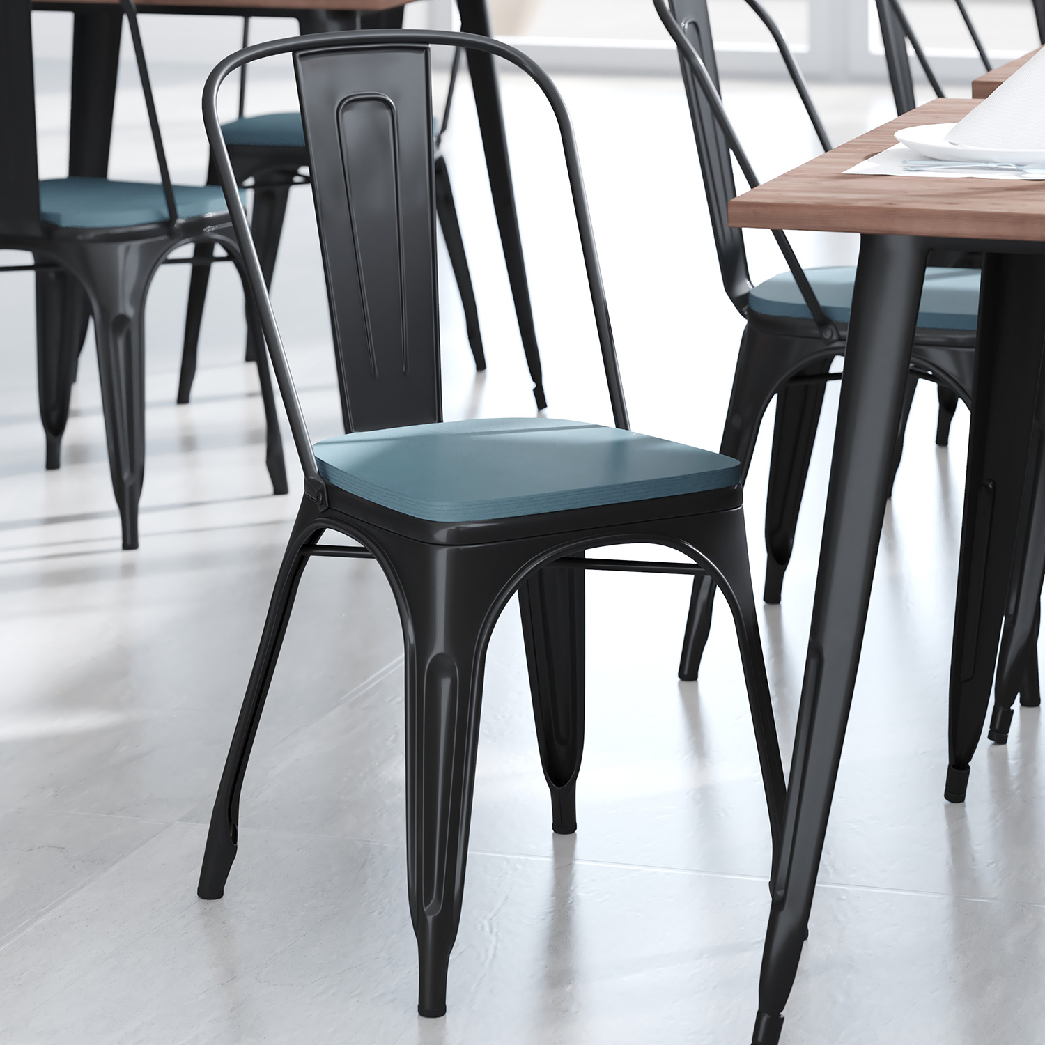 BLNK Perry Poly Resin Wood Seat with Rounded Edges for Colorful Metal Chairs and Stools Set of 4 - Teal/Blue
