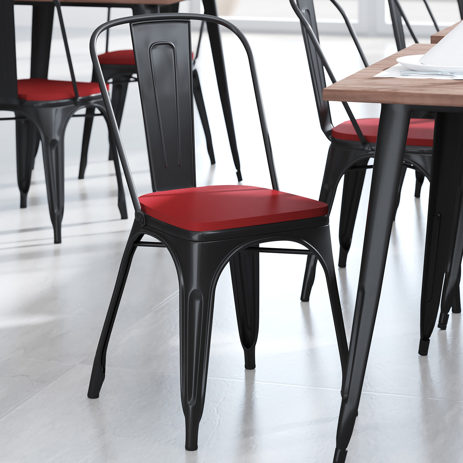 BLNK Perry Poly Resin Wood Seat with Rounded Edges for Colorful Metal Chairs and Stools Set of 4 - Red