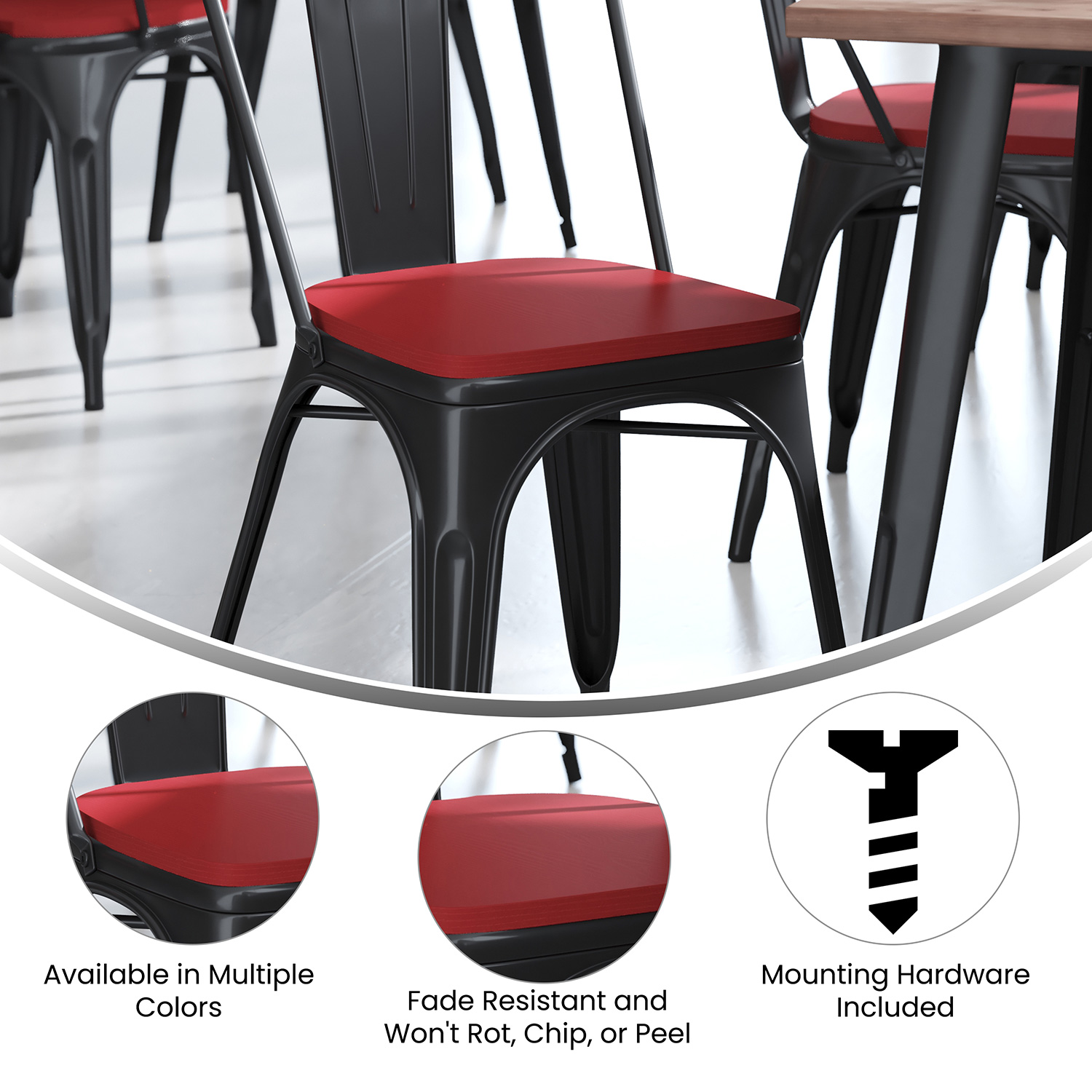 BLNK Perry Poly Resin Wood Seat with Rounded Edges for Colorful Metal Chairs and Stools Set of 4 - Red