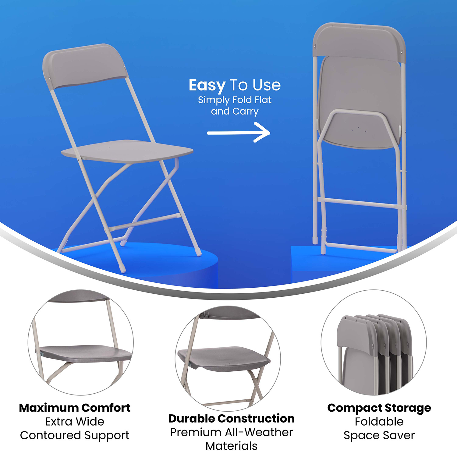 BLNK Hercules Big and Tall Commercial Folding Chair 4-Pack - Gray