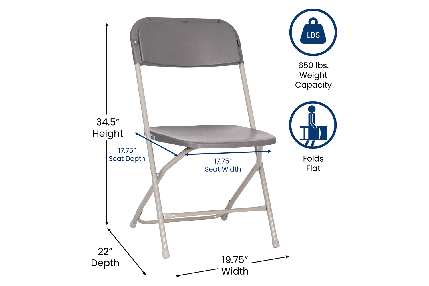 BLNK Hercules Big and Tall Commercial Folding Chair 4-Pack - Gray