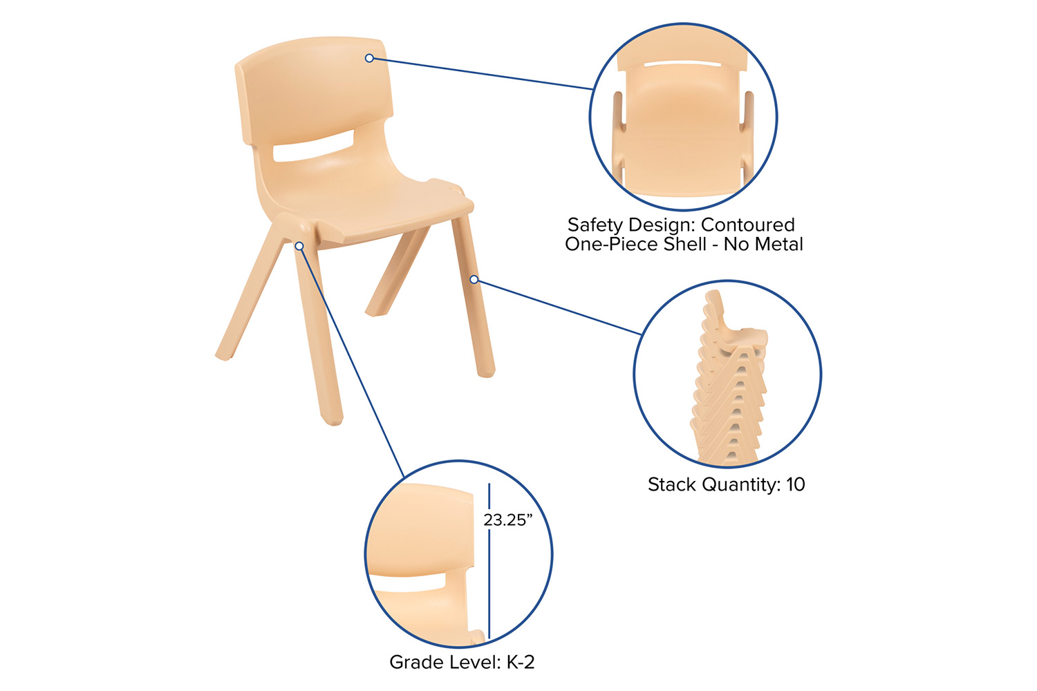BLNK Whitney Plastic Stackable School Chair 4 Pack - Natural, 13.25"H Seat