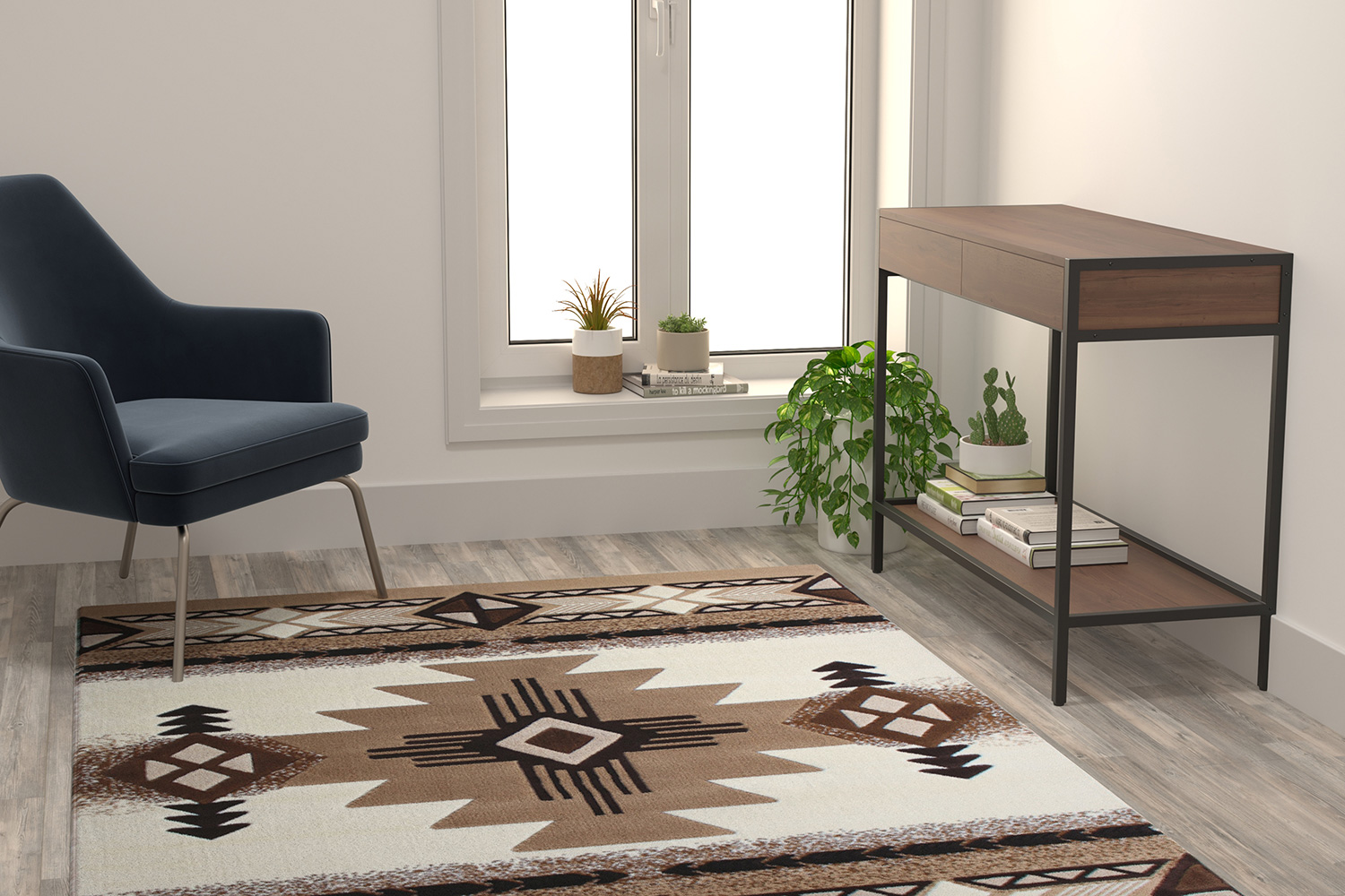 BLNK Mohave Collection Southwestern Style Olefin Traditional Area Rug with Jute Backing - Ivory, 5'W x 7'L