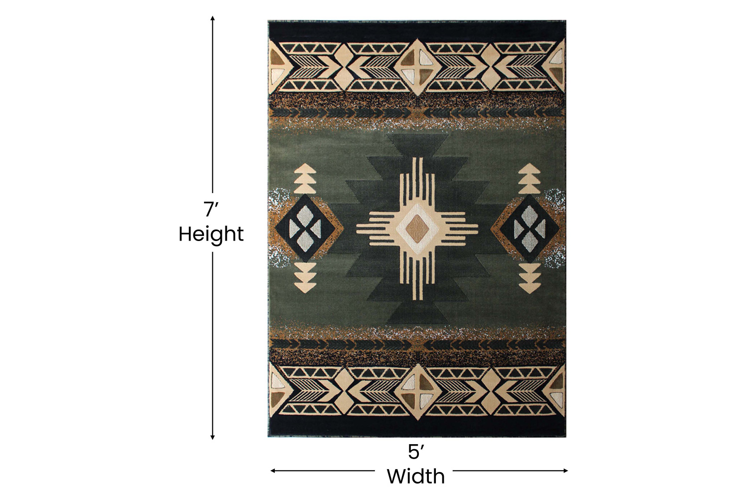 BLNK Mohave Collection Southwestern Style Olefin Traditional Area Rug with Jute Backing - Sage, 5'W x 7'L
