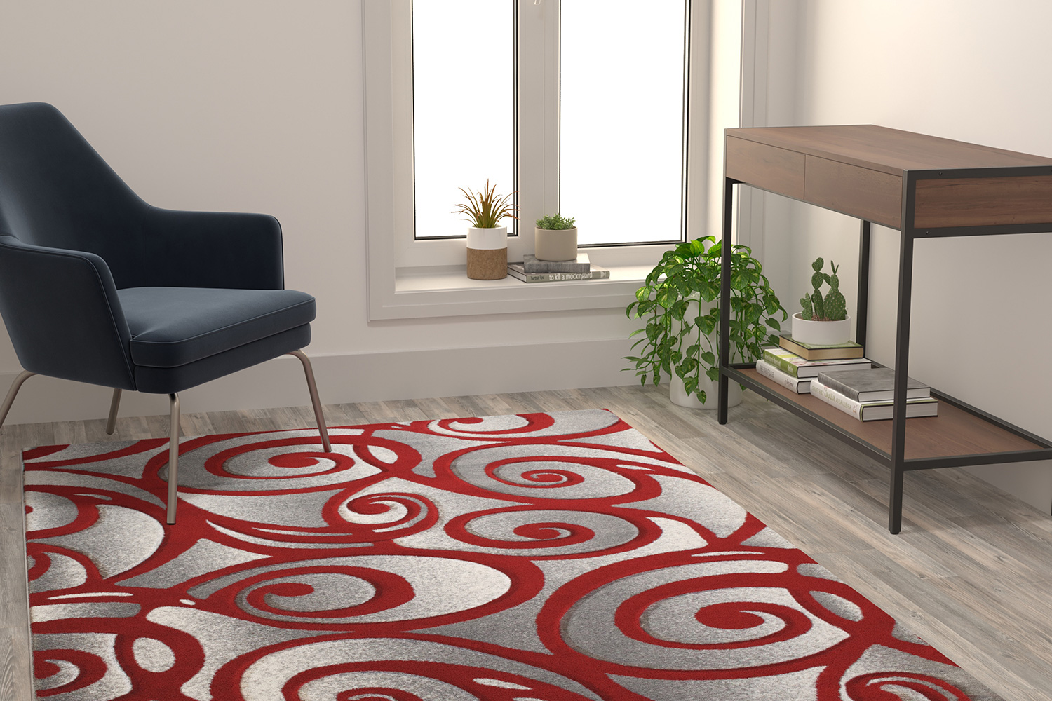 BLNK Willow Collection Modern Olefin High-Low Pile Swirled Area Rug - Red, 5'W x 7'L