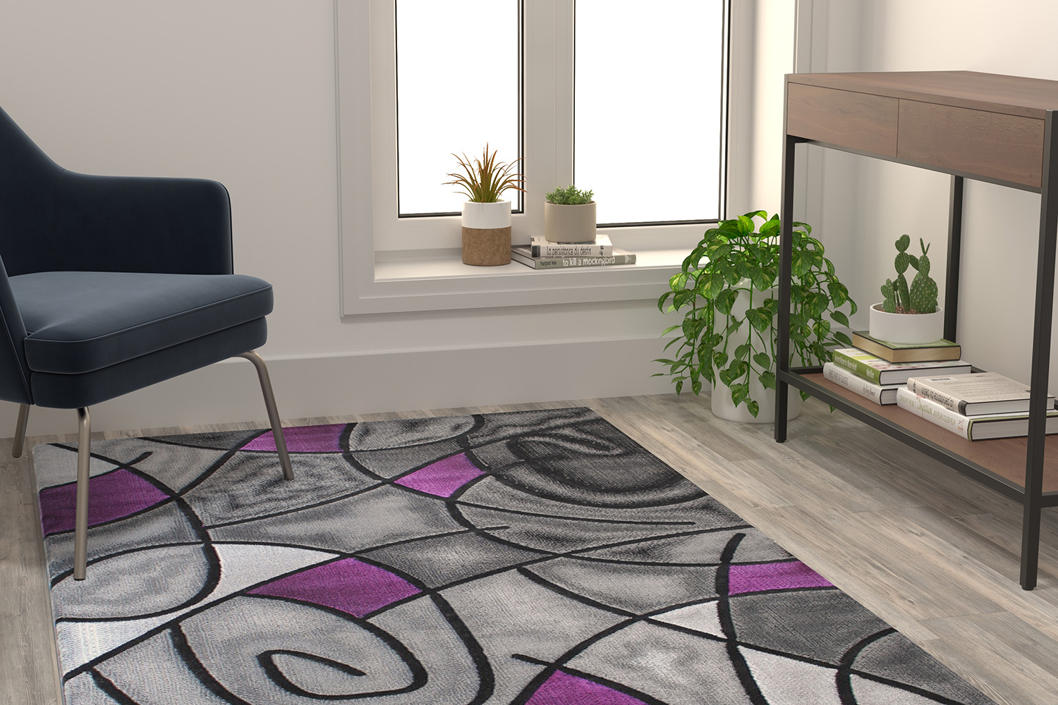 BLNK Jubilee Collection Abstract Olefin Area Rug with Jute Backing - Purple, 3'W x 5'L