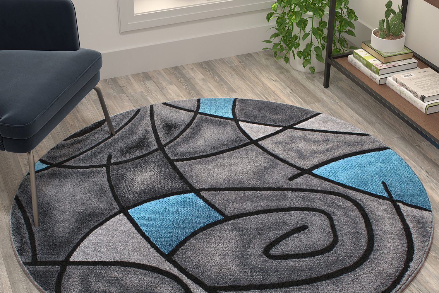 BLNK Jubilee Collection Style 1 Abstract Round Olefin Area Rug with Jute Backing - Blue, 5'W x 5'L