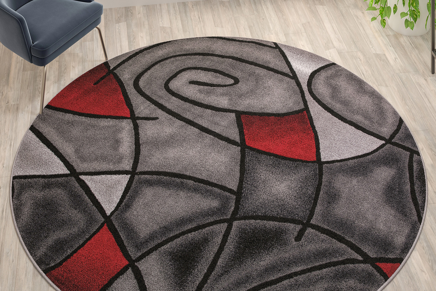 BLNK Jubilee Collection Style 1 Abstract Round Olefin Area Rug with Jute Backing - Red, 7'W x 7'L