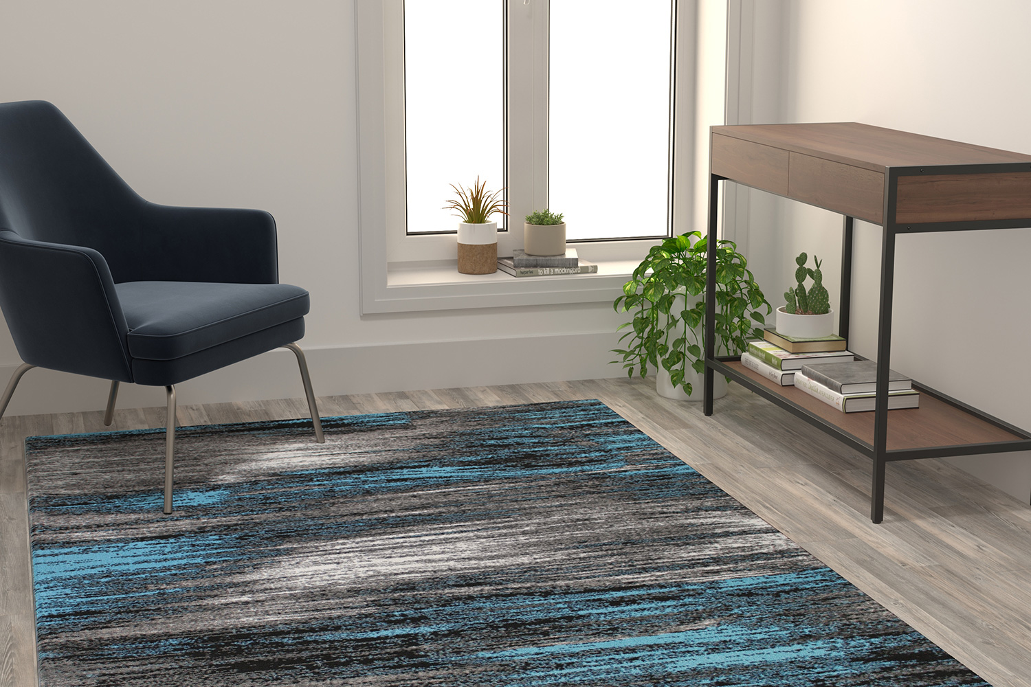 BLNK Rylan Collection Olefin Scraped Design Area Rug with Jute Backing - Blue, 5'W x 7'L
