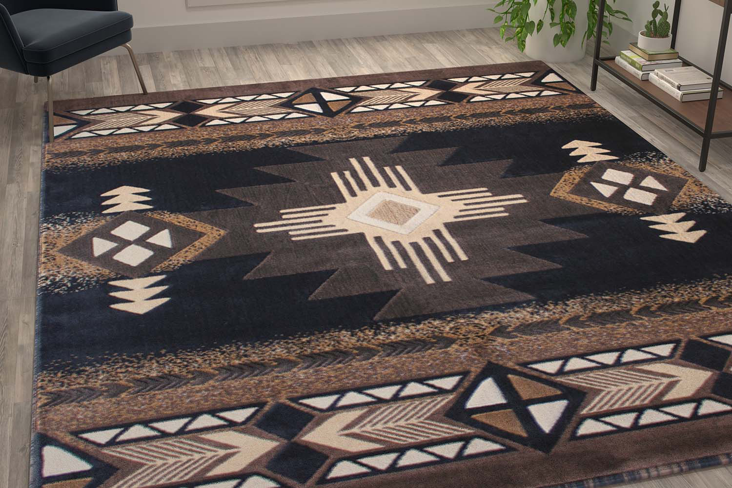 BLNK Mohave Collection Southwestern Style Olefin Traditional Area Rug with Jute Backing - Black, 8'W x 10'L